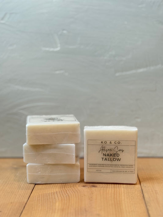 Fragrance free tallow soap on wood surface